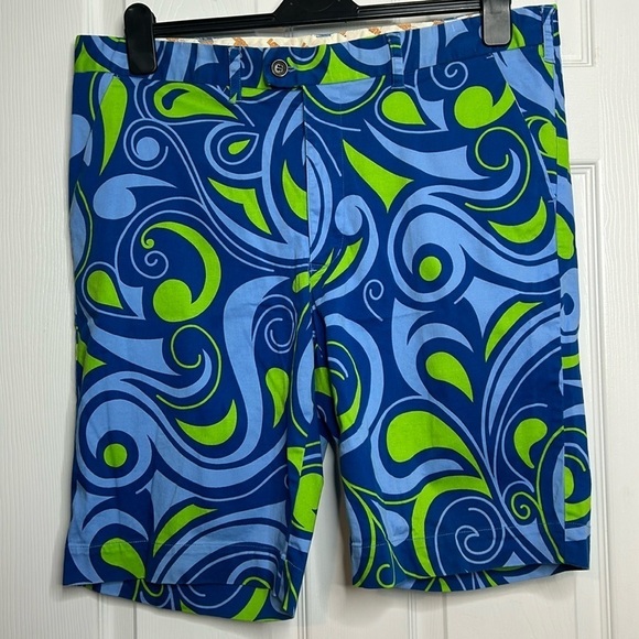 Loudmouth Green Blue Paisley Print Gold Shorts 40